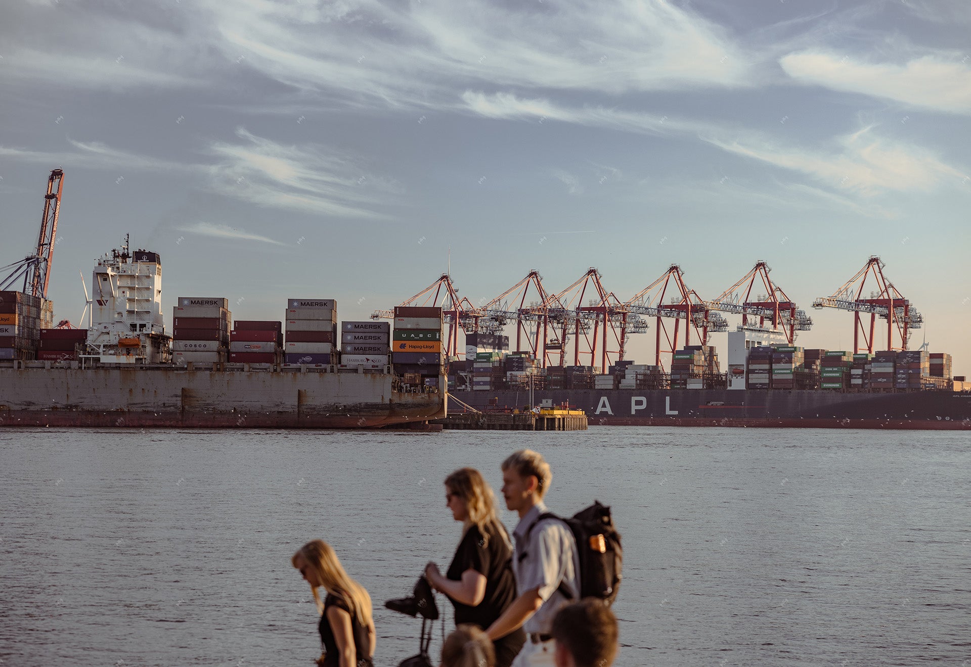 Harbor in Hamburg at sunset.